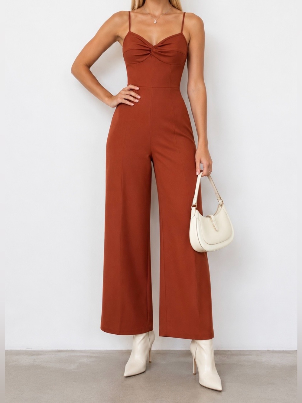 Women’s Orange Rust Twist-Front Wide-Leg Jumpsuit with zip fitted, Large Shein